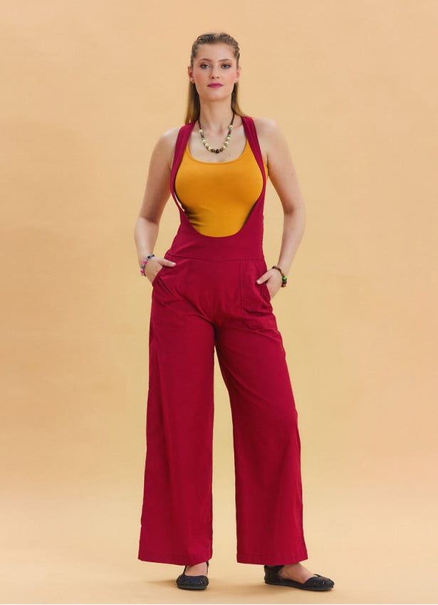 Red Womens Wide Leg Jumpsuit with Zipper Detail and Pockets 4673